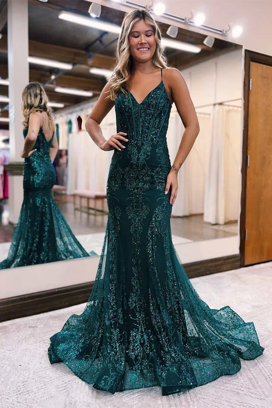 Glitter V-Neck Mermaid Prom Dress With Applique