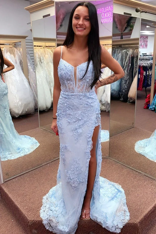 Floral Lace Split Small V Neck Mermaid Prom Dress with Slit