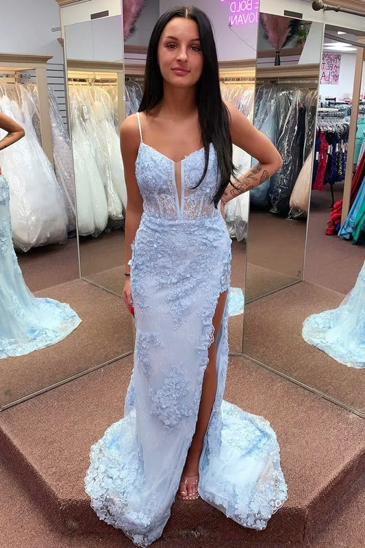 Floral Lace Split Small V Neck Mermaid Prom Dress with Slit