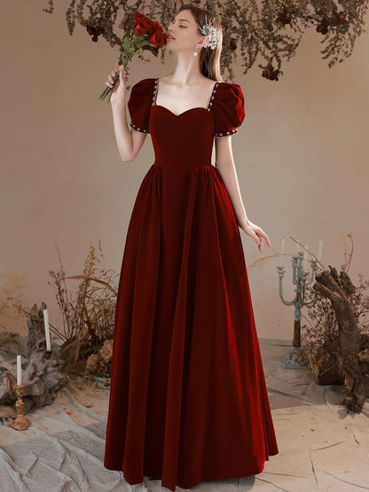 Formal Women's Dresses Sweetheart A Line Long Prom Dress Puff Sleeves Velvet Burgundy Evening Gown Prom Dresses Stores