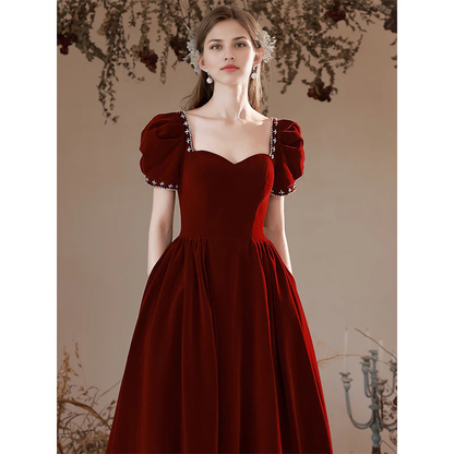 Formal Women's Dresses Sweetheart A Line Long Prom Dress Puff Sleeves Velvet Burgundy Evening Gown Prom Dresses Stores