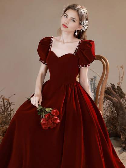 Formal Women's Dresses Sweetheart A Line Long Prom Dress Puff Sleeves Velvet Burgundy Evening Gown Prom Dresses Stores