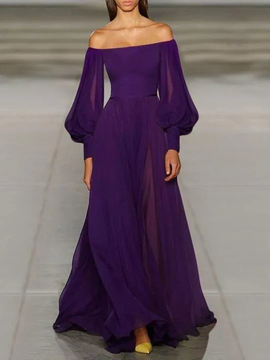 Formal Women's Dresses Elegant Tube Top Purple Lantern Sleeve Chiffon Dress Prom Dress Store