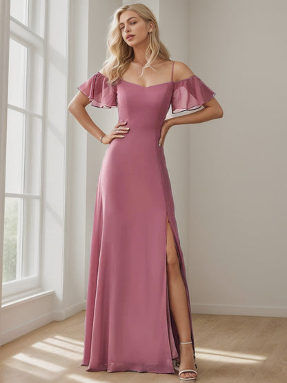 Chiffon Off-The-Shoulder Side Slit Bridesmaid Dress with sleeves
