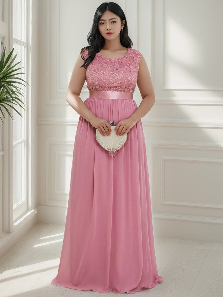 Plus Size Classic Round Neck V Back A-Line Chiffon Bridesmaid Dresses with Lace