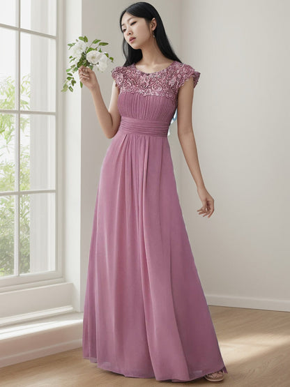 Maxi Lace Cap Sleeve Long Formal Evening Dress