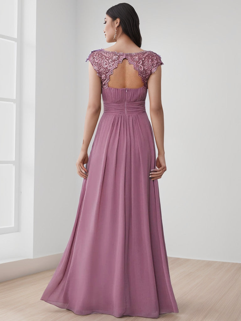 Maxi Lace Cap Sleeve Long Formal Evening Dress