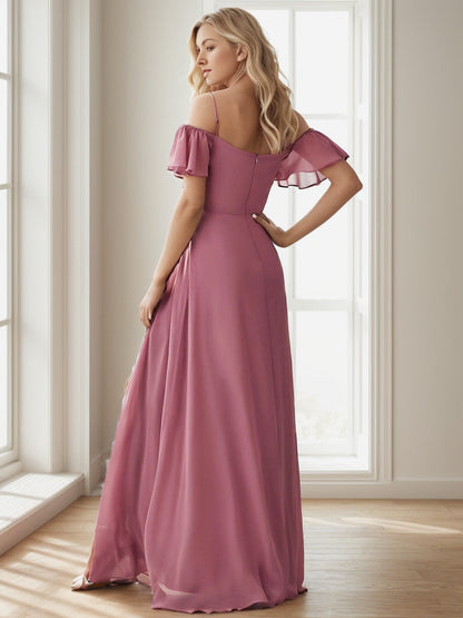 Chiffon Off-The-Shoulder Side Slit Bridesmaid Dress with sleeves