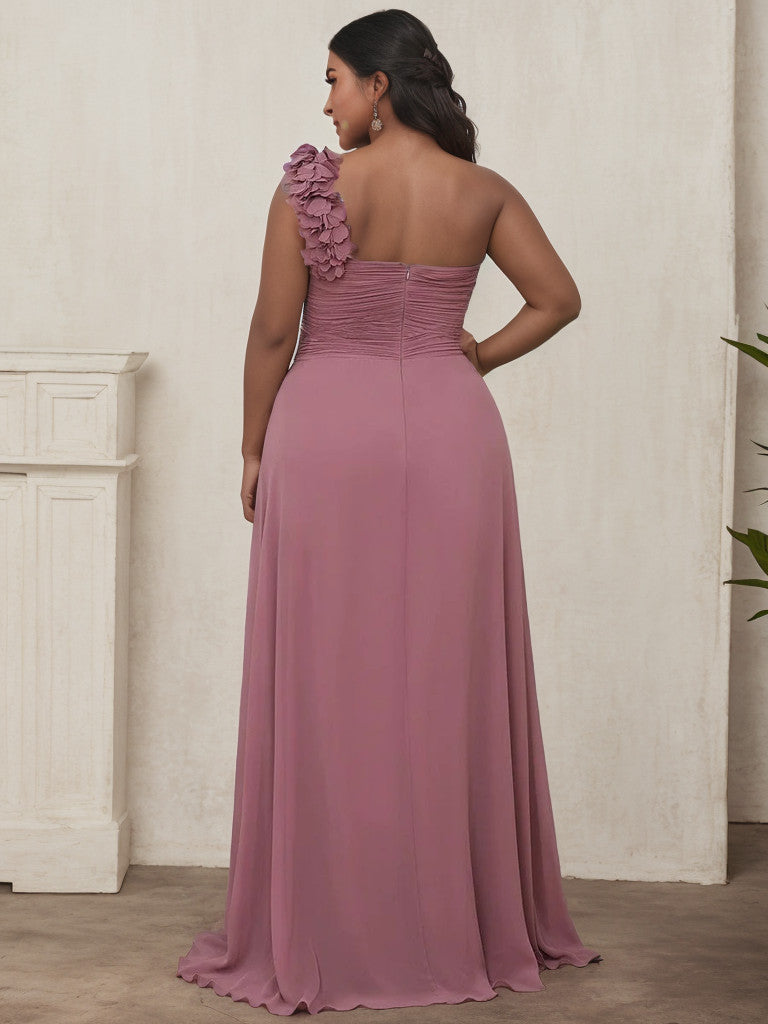 Plus Size One Shoulder Long Chiffon Bridesmaid Dress