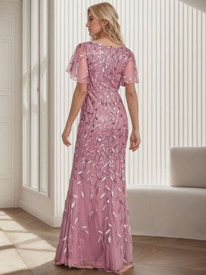 Shiny V Neck Leaf-Sequined Bodycon Formal Evening Dresses