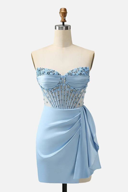 Dress Blue Beaded Ruched Bodycon Short Dress with Shawl Homecoming Dress