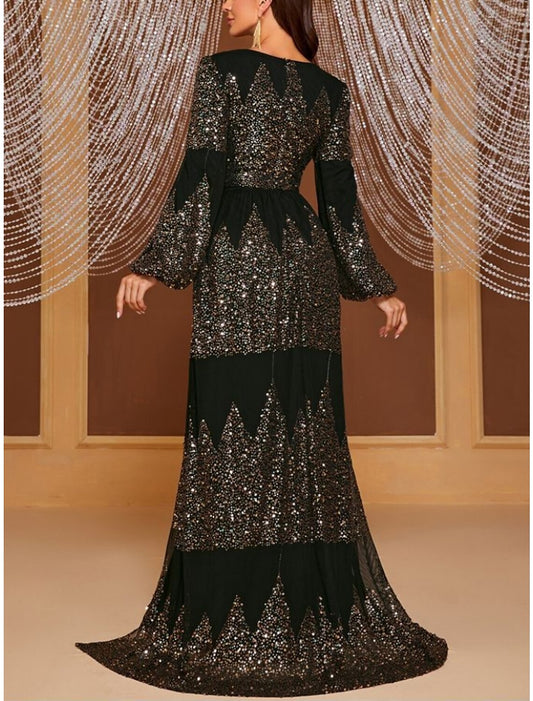 Sheath / Column Evening Gown Elegant Dress Formal Sweep / Brush Train Long Sleeve V Neck Polyester with Pleats Sequin Slit