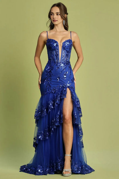 Dress Applique Corset Long Fitted Formal Dress Spaghetti Strap Lace Up Prom Dress