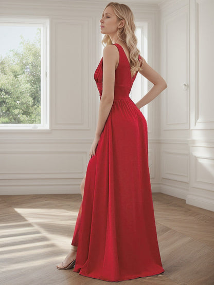 Chiffon High Slit Sleeveless V-Neck Empire Waist Formal Evening Dress