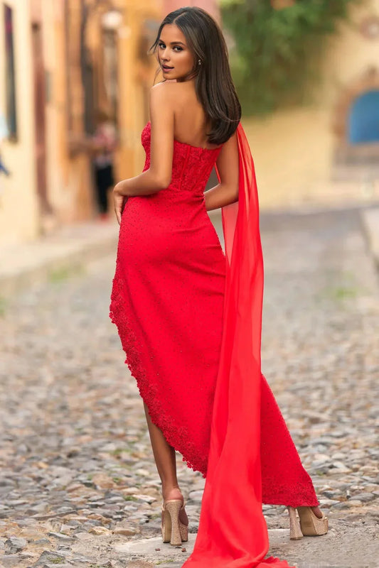 Dress Red Lace Gown One Shoulder Design Embroidered Bodice High Slit Skirt And A Mermaid Shape Prom Dress