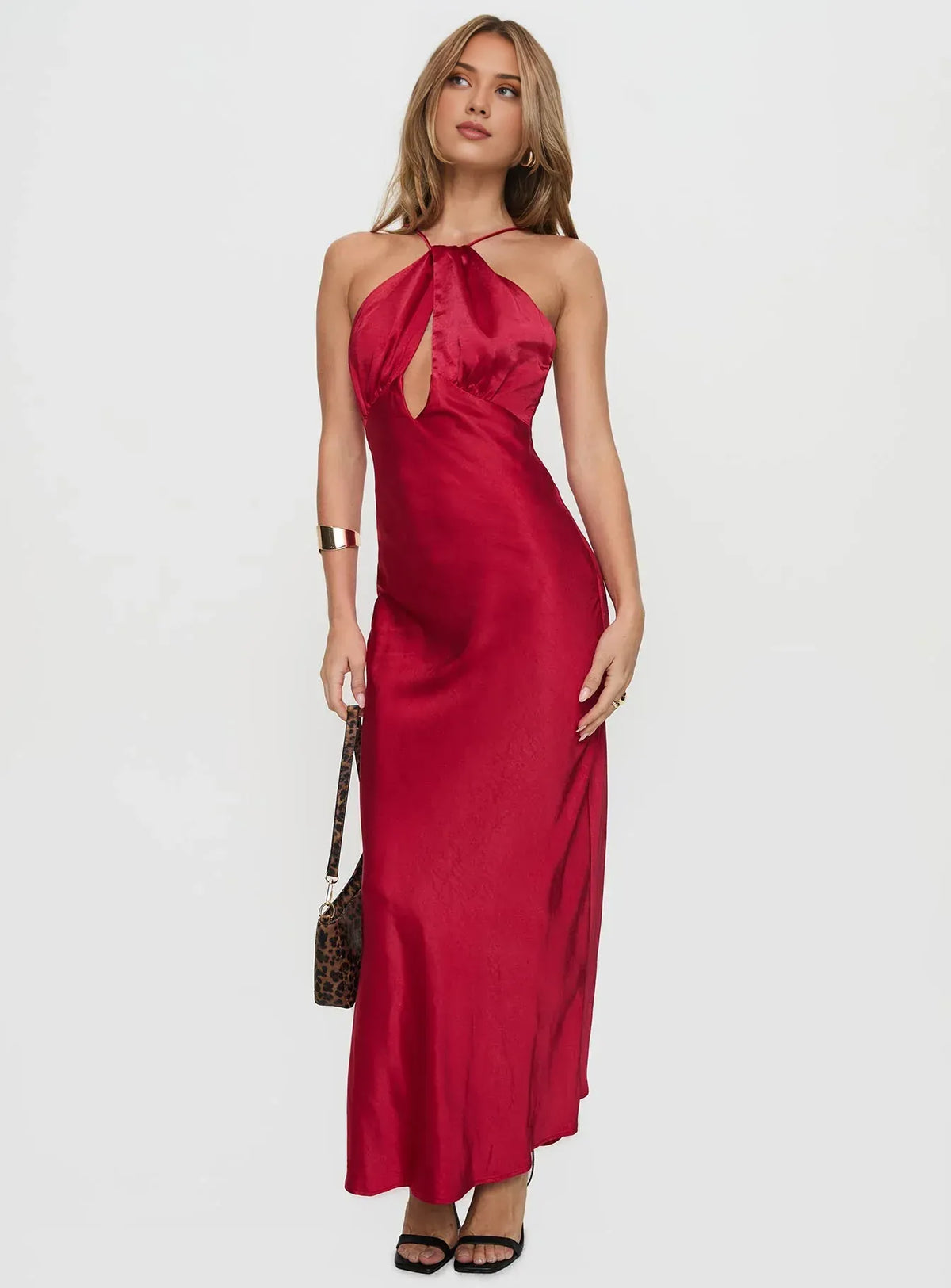 Modern Red Satin Halter Neck Cutout Backless Maxi Dress Sleeveless Prom Dresses