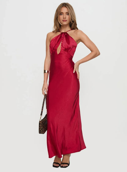 Modern Red Satin Halter Neck Cutout Backless Maxi Dress Sleeveless Prom Dresses
