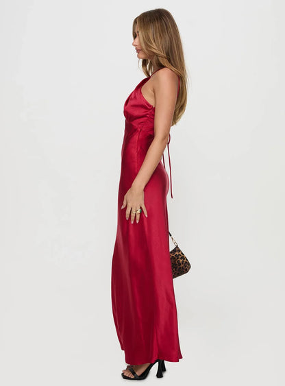 Modern Red Satin Halter Neck Cutout Backless Maxi Dress Sleeveless Prom Dresses