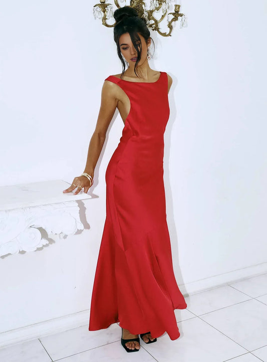 Red Satin Open - Back Tie - Waist Maxi Dress Cheap Prom Dresses