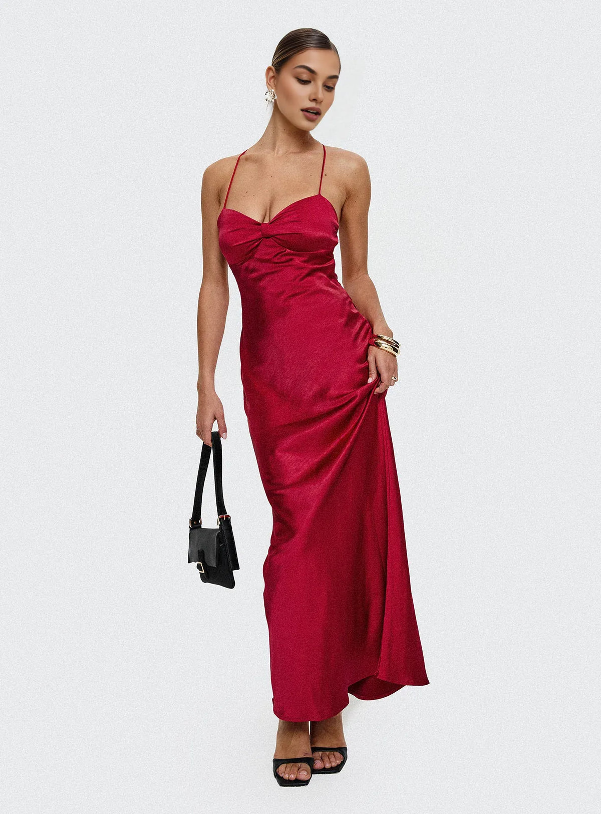Red Satin Spaghetti Strap Backless Lace - Up Maxi Dress Elegant Satin Prom Dresses for Ladies