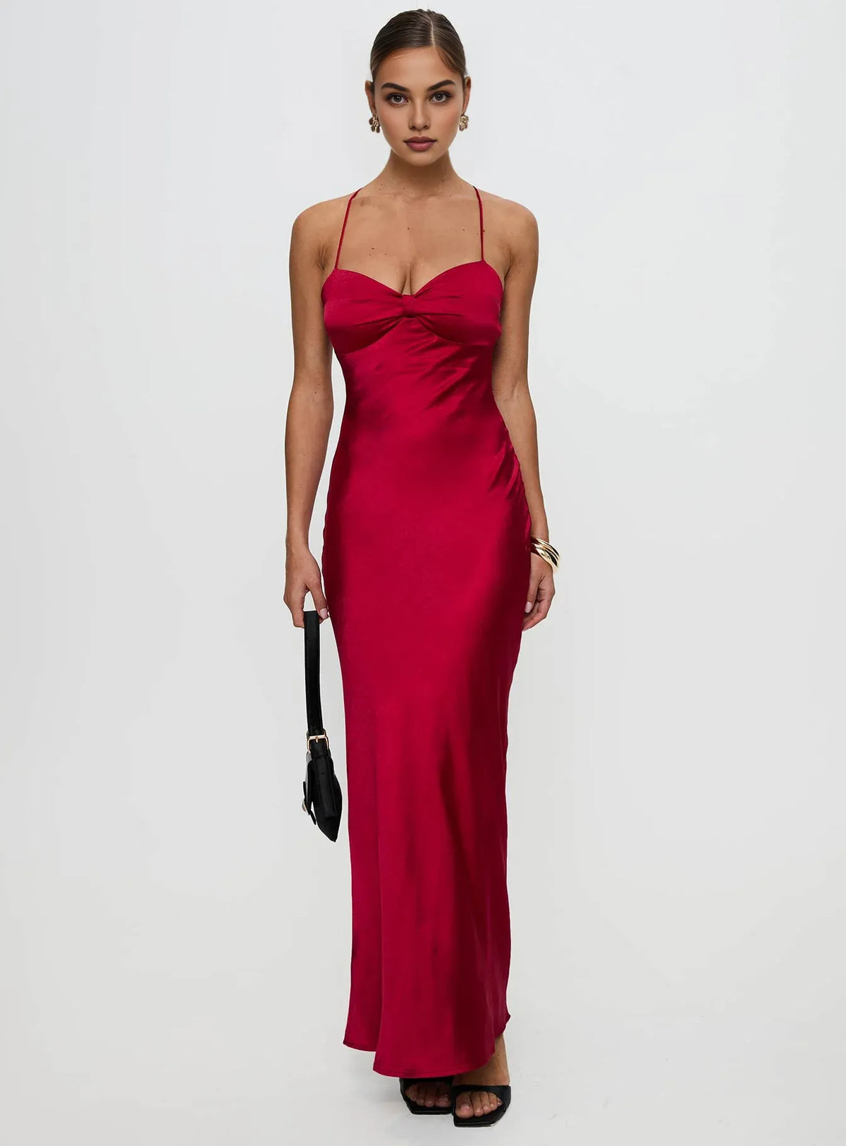 Red Satin Spaghetti Strap Backless Lace - Up Maxi Dress Elegant Satin Prom Dresses for Ladies