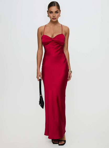 Red Satin Spaghetti Strap Backless Lace - Up Maxi Dress Elegant Satin Prom Dresses for Ladies