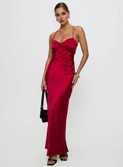 Red Satin Spaghetti Strap Backless Lace - Up Maxi Dress Elegant Satin Prom Dresses for Ladies