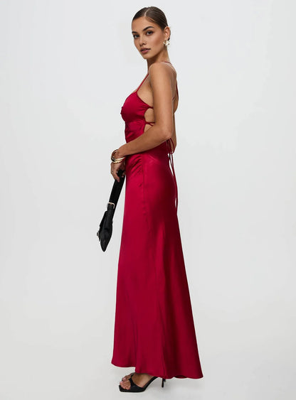 Red Satin Spaghetti Strap Backless Lace - Up Maxi Dress Elegant Satin Prom Dresses for Ladies