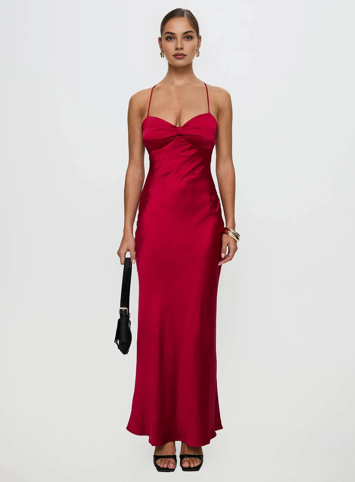 Red Satin Spaghetti Strap Backless Lace - Up Maxi Dress Elegant Satin Prom Dresses for Ladies