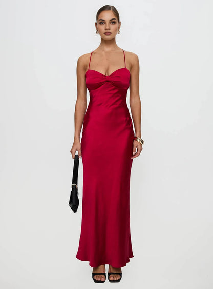 Red Satin Spaghetti Strap Backless Lace - Up Maxi Dress Elegant Satin Prom Dresses for Ladies