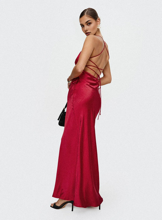 Red Satin Spaghetti Strap Backless Lace - Up Maxi Dress Elegant Satin Prom Dresses for Ladies