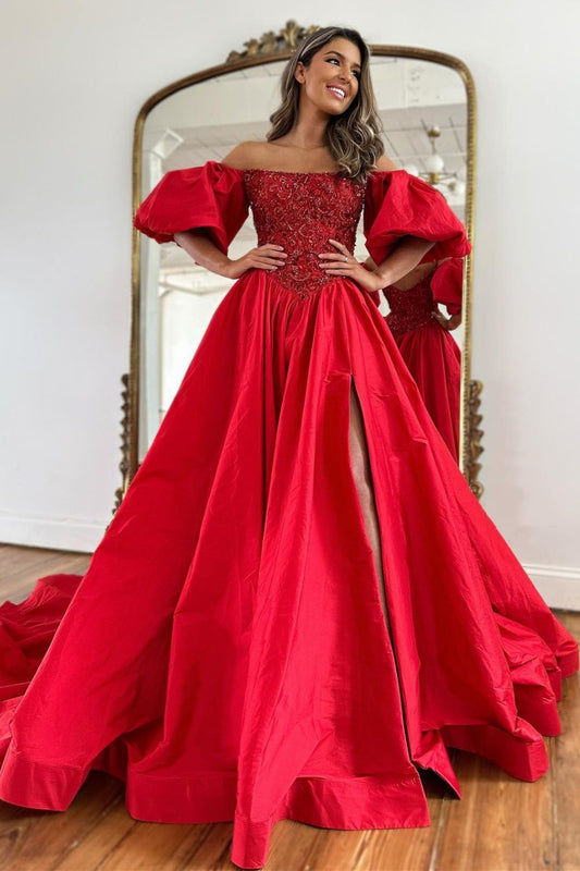 A-Line Off The Shoulder Court Train Satin Prom Dress With Split