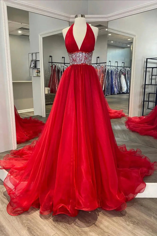 Red A Line Halter V Neck Long Backless Train Prom Dress with Beading