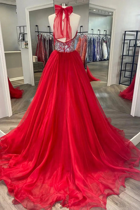 Red A Line Halter V Neck Long Backless Train Prom Dress with Beading