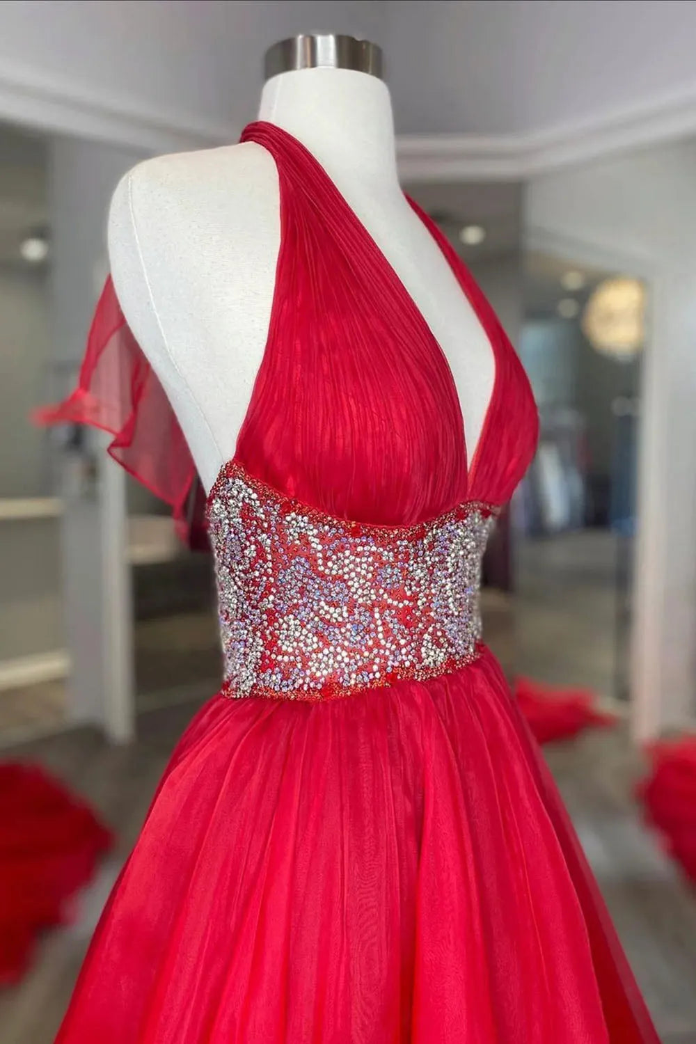 Red A Line Halter V Neck Long Backless Train Prom Dress with Beading