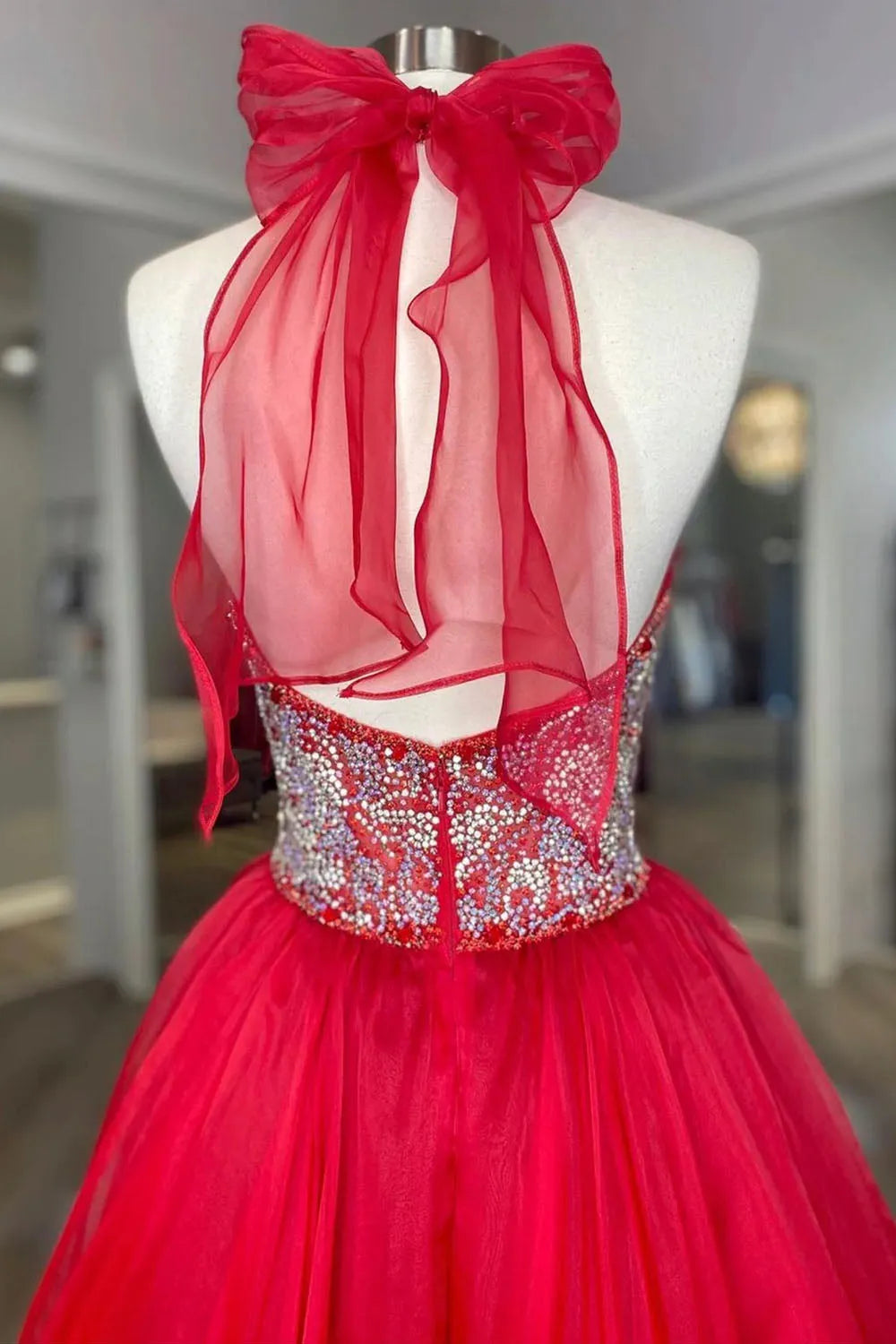 Red A Line Halter V Neck Long Backless Train Prom Dress with Beading
