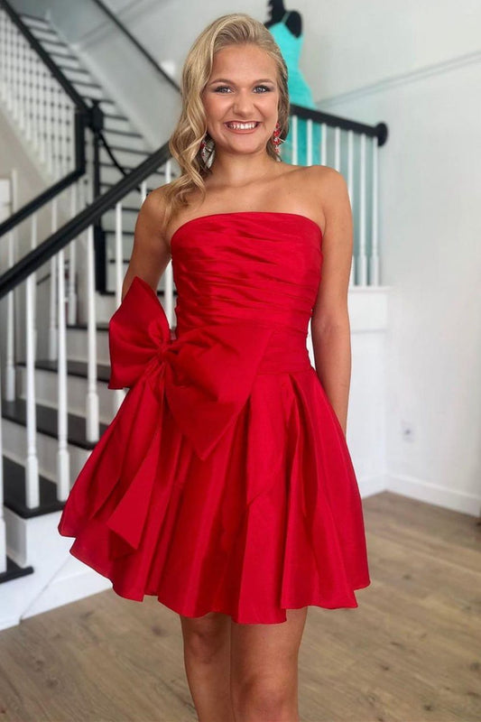 A Line Strapless Short Satin Homecoming Dress With Bow-knot