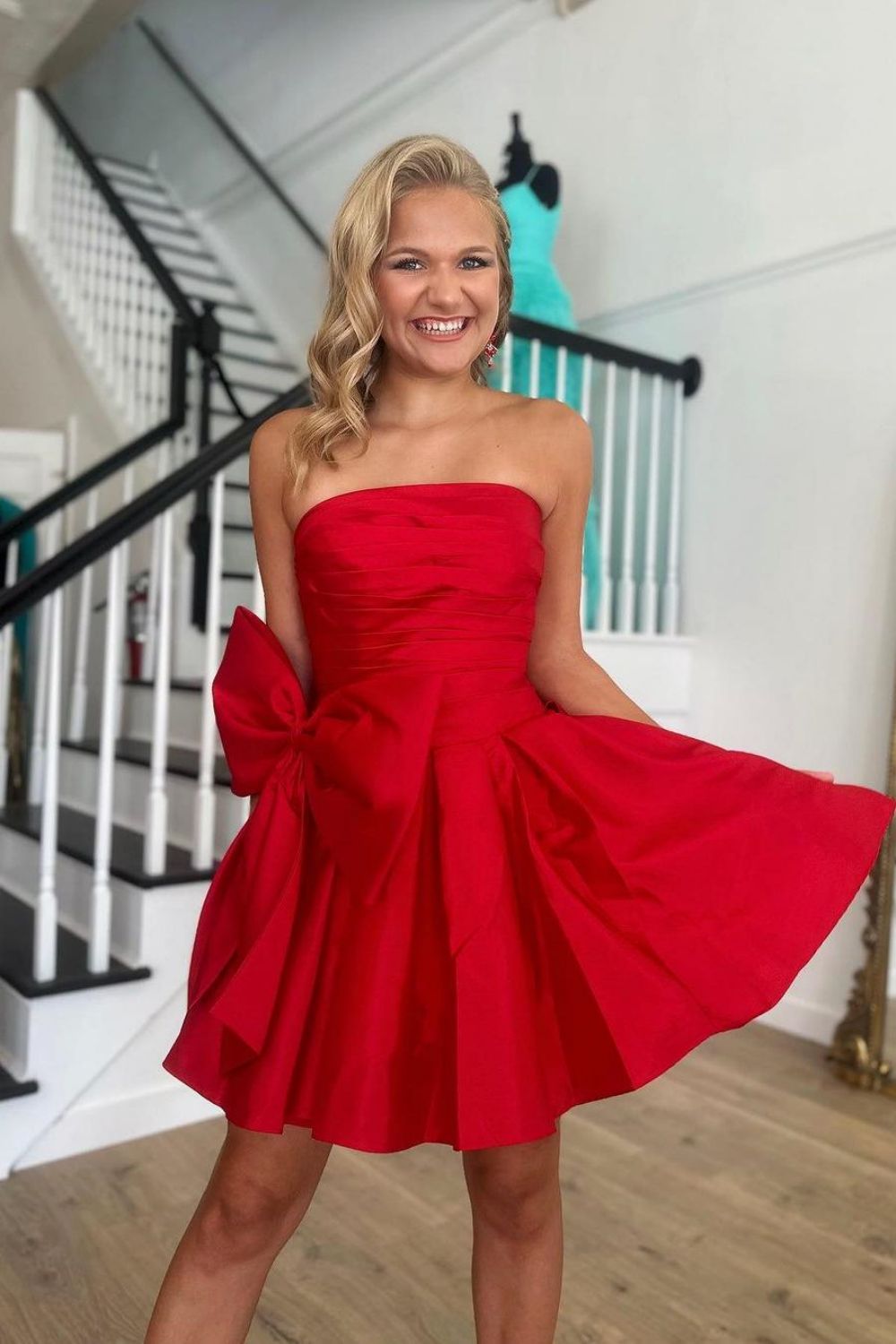 A Line Strapless Short Satin Homecoming Dress With Bow-knot