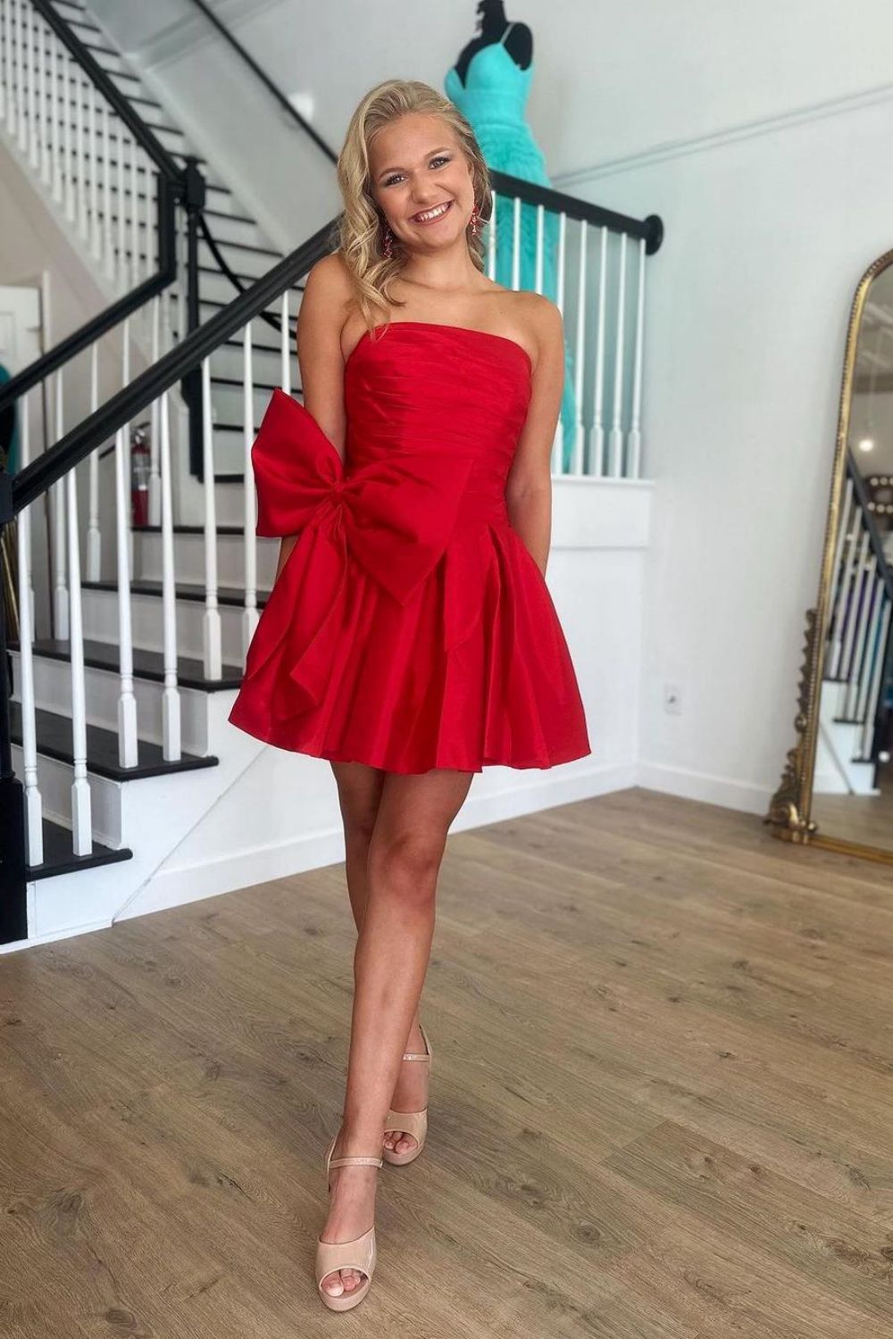 A Line Strapless Short Satin Homecoming Dress With Bow-knot