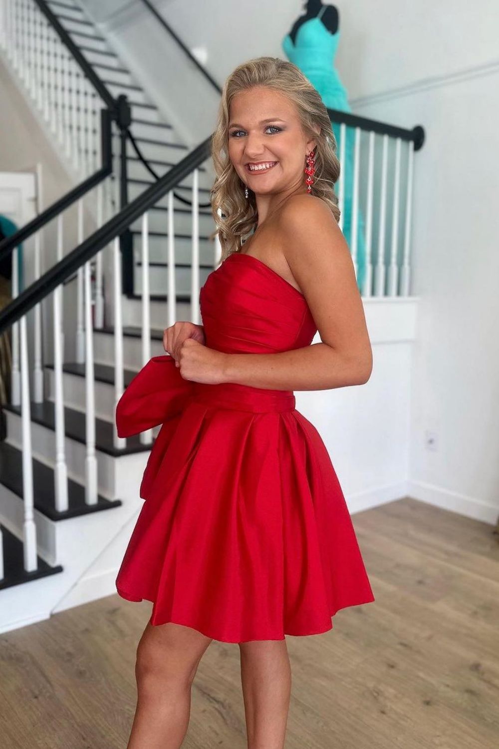 A Line Strapless Short Satin Homecoming Dress With Bow-knot