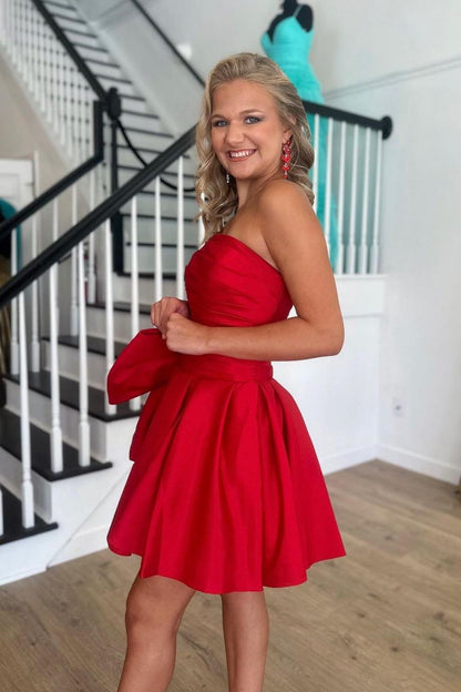 A Line Strapless Short Satin Homecoming Dress With Bow-knot