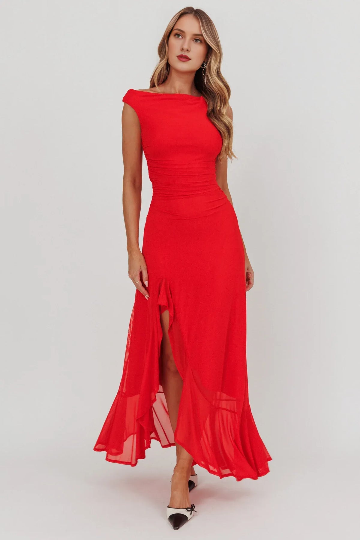 Dress Light Green Off Shoulder Maxi Dress with Ruched Bodice and Asymmetric Sheer Slit Prom Dress