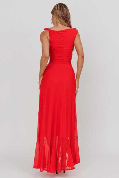 Dress Light Green Off Shoulder Maxi Dress with Ruched Bodice and Asymmetric Sheer Slit Prom Dress