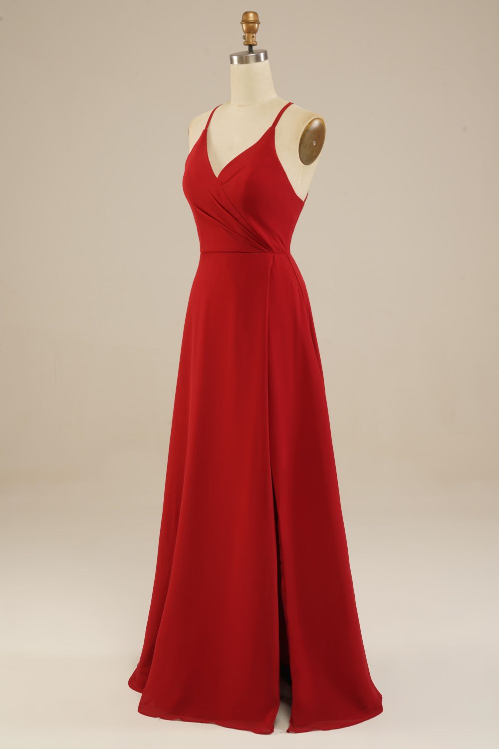 Red Floor Length Spaghetti Straps Chiffon Bridesmaid Dress