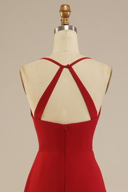Red Floor Length Spaghetti Straps Chiffon Bridesmaid Dress