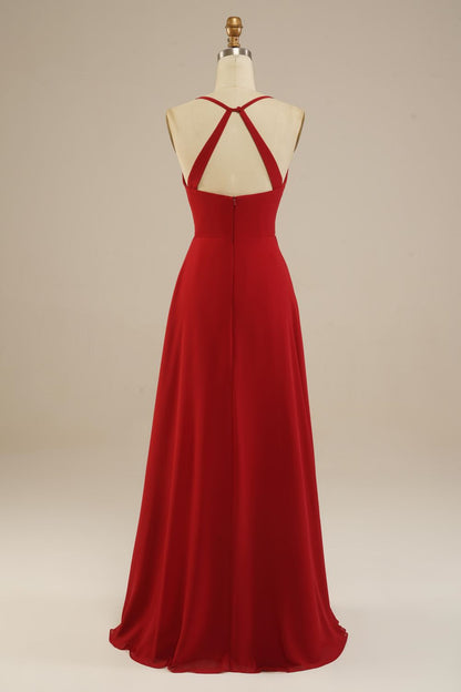 Red Floor Length Spaghetti Straps Chiffon Bridesmaid Dress
