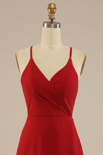 Red Floor Length Spaghetti Straps Chiffon Bridesmaid Dress