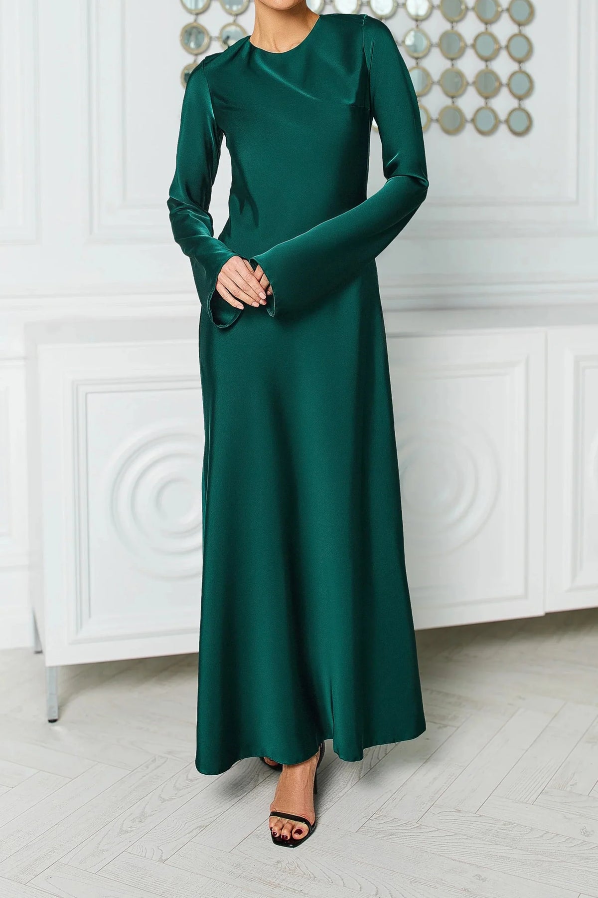 Red Satin Long Sleeve Maxi Dress Evening Dress Round Neck Backless Party Dress