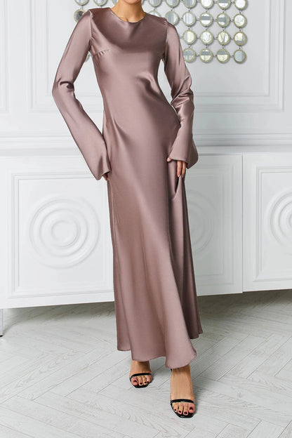Red Satin Long Sleeve Maxi Dress Evening Dress Round Neck Backless Party Dress