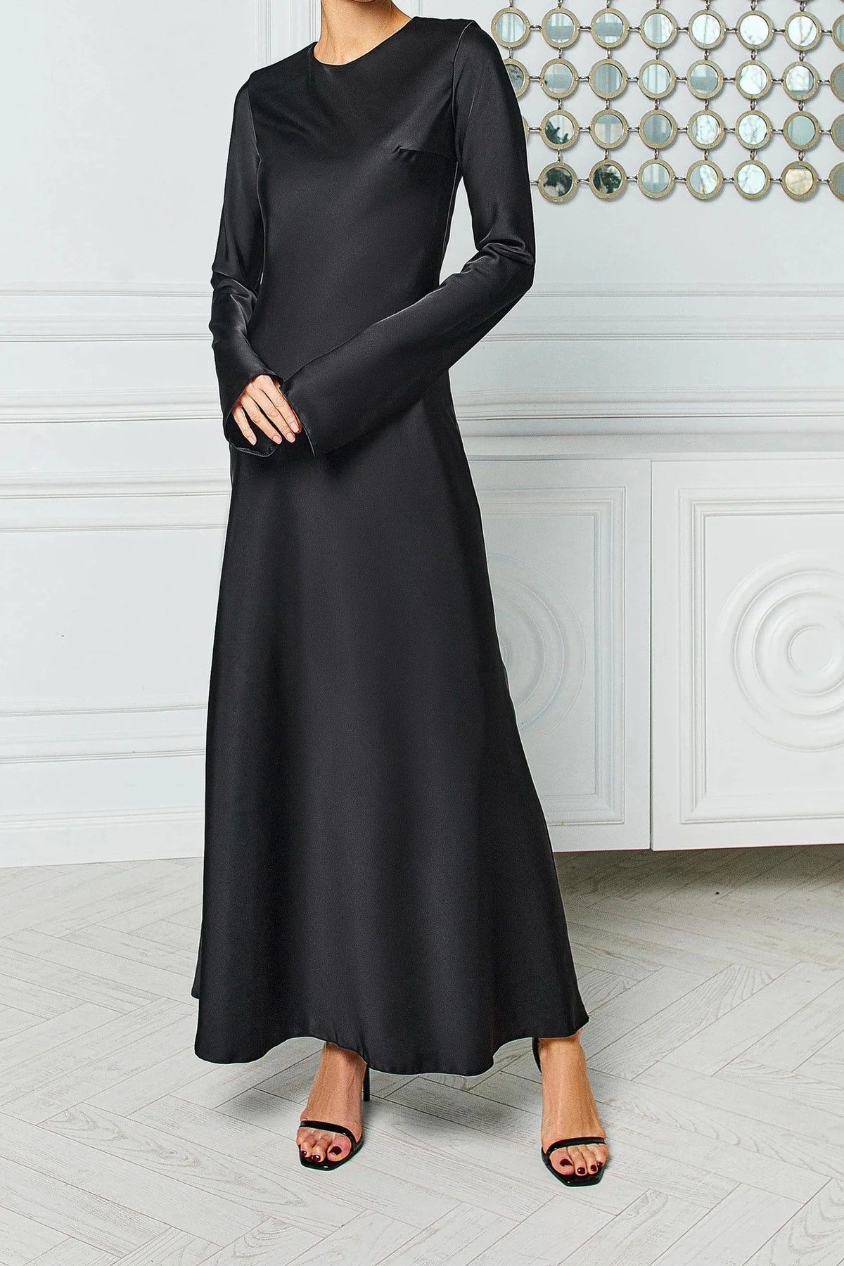 Red Satin Long Sleeve Maxi Dress Evening Dress Round Neck Backless Party Dress
